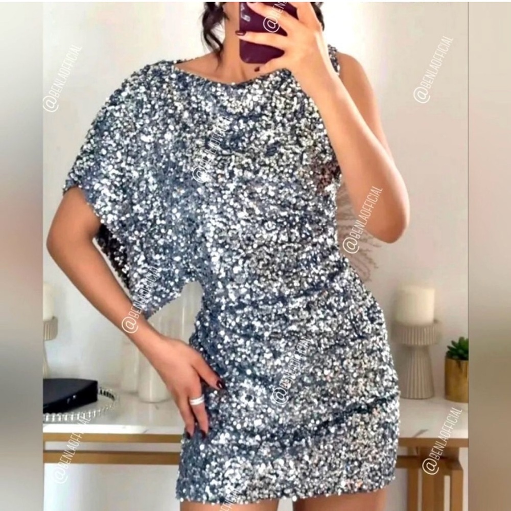 Zara One Shoulder Silver Sequin Dress Size Small